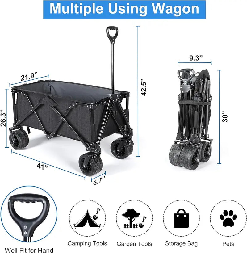 YSSOA Wagons Cart Heavy-Duty Folding PRO, 265 Lbs Collapsible Carts with Wheels, Large Capacity, Outdoor Camping Garden Carts Beach Cart with Universal Wheels, Anti-Skid