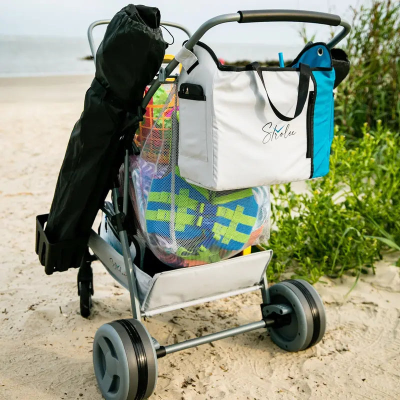 Large Wheeled Collapsible Beach Cart for Soft Sand, Fishing, Camping & Garden- Lightweight Rust-Free Aluminum Frame- Removable Personal Item Storage, X-L Capacity & Cooler- by Strolee