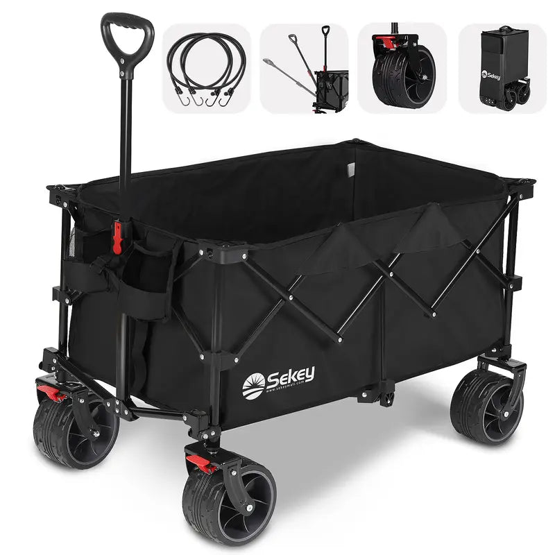 Sekey Collapsible Foldable Wagon with 330Lbs Weight Capacity, Heavy Duty Folding Utility Garden Cart with Big All-Terrain Beach Wheels & Drink Holders.