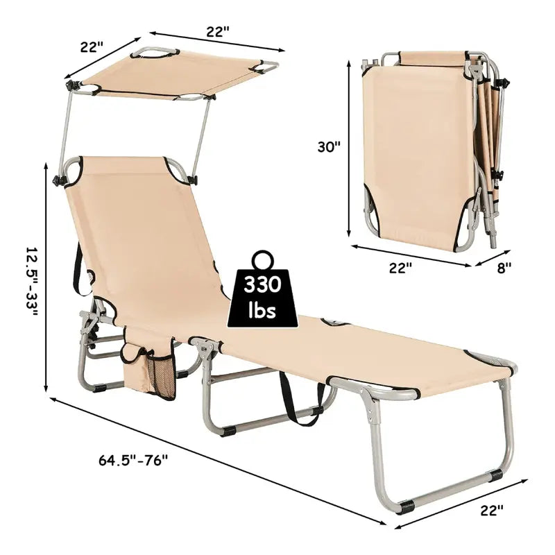 Costway - Outdoor Folding Chaise Lounge with Sunshade, Portable Tanning Chair with 5 Adjustable Positions, 360°Rotatable Canopy Shade, Side Pocket, Patio Lounge Chair for Beach, Lawn Sunbathing Chair,Essential for Vacation