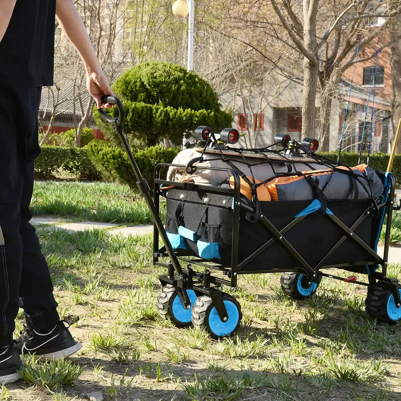 Free Shipping Collapsible Heavy Duty Beach Wagon Cart Outdoor Folding Utility Camping Garden Beach Cart with Universal Wheels Adjustable Handle Shopping (Black&Blue)