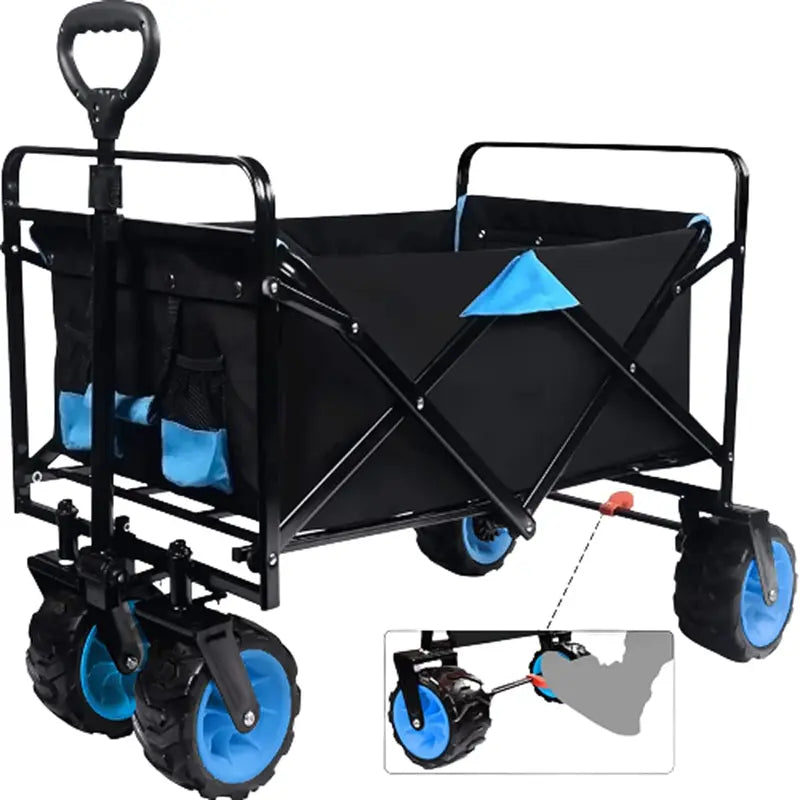 Free Shipping Collapsible Heavy Duty Beach Wagon Cart Outdoor Folding Utility Camping Garden Beach Cart with Universal Wheels Adjustable Handle Shopping (Black&Blue)