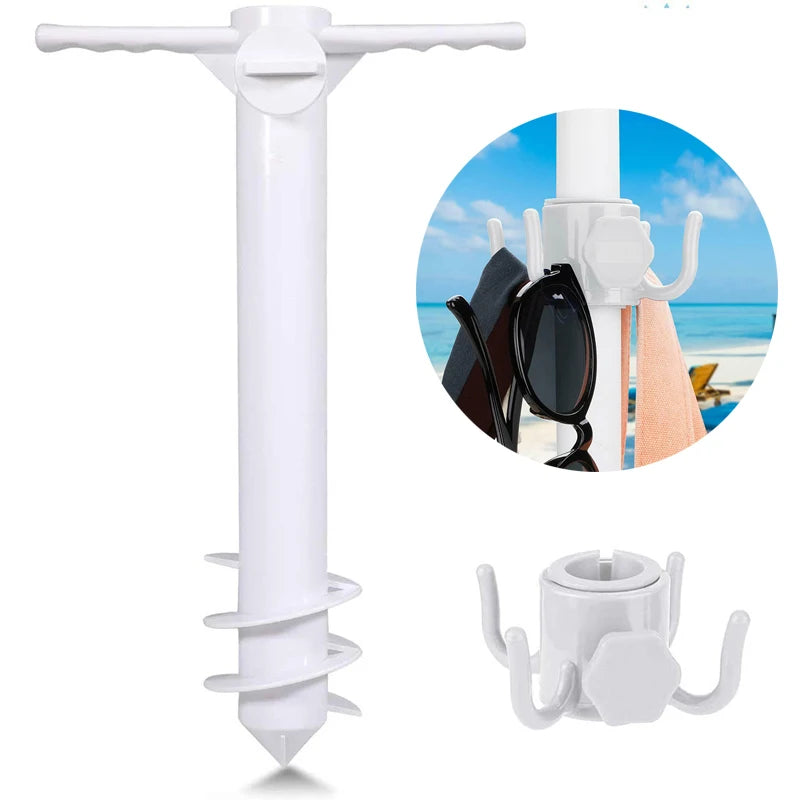 Beach Umbrella Sand Anchor 3/5 Spiral Safe Stand with Holder Hanging Hook for Strong Winds Fits All Beach Umbrella