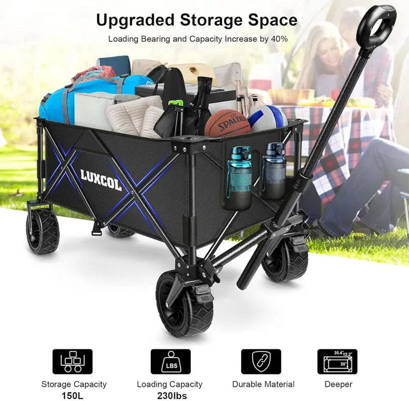 LUXCOL Collapsible Folding Wagon, Heavy Duty Utility Beach Wagon Cart for Sand with Big Wheels, Adjustable Handle&Drink Holders for Shopping, Camping,Garden and Outdoor