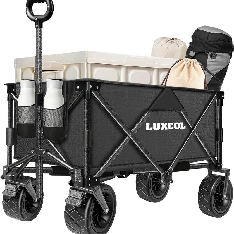 LUXCOL Collapsible Folding Wagon, Heavy Duty Utility Beach Wagon Cart for Sand with Big Wheels, Adjustable Handle&Drink Holders for Shopping, Camping,Garden and Outdoor