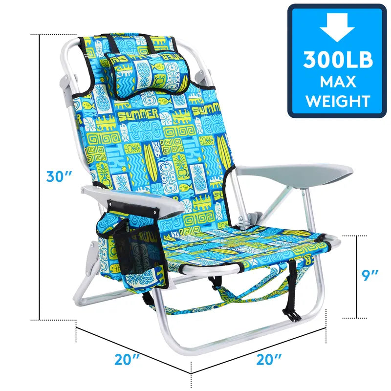 Portable Beach Chair for Adults, Outdoor Camping Chair Lay Flat Folding Backpack Beach Reclining Chair with 4 Positions, Headrest, Cooler Pouch, Cup Holder, Beach Style