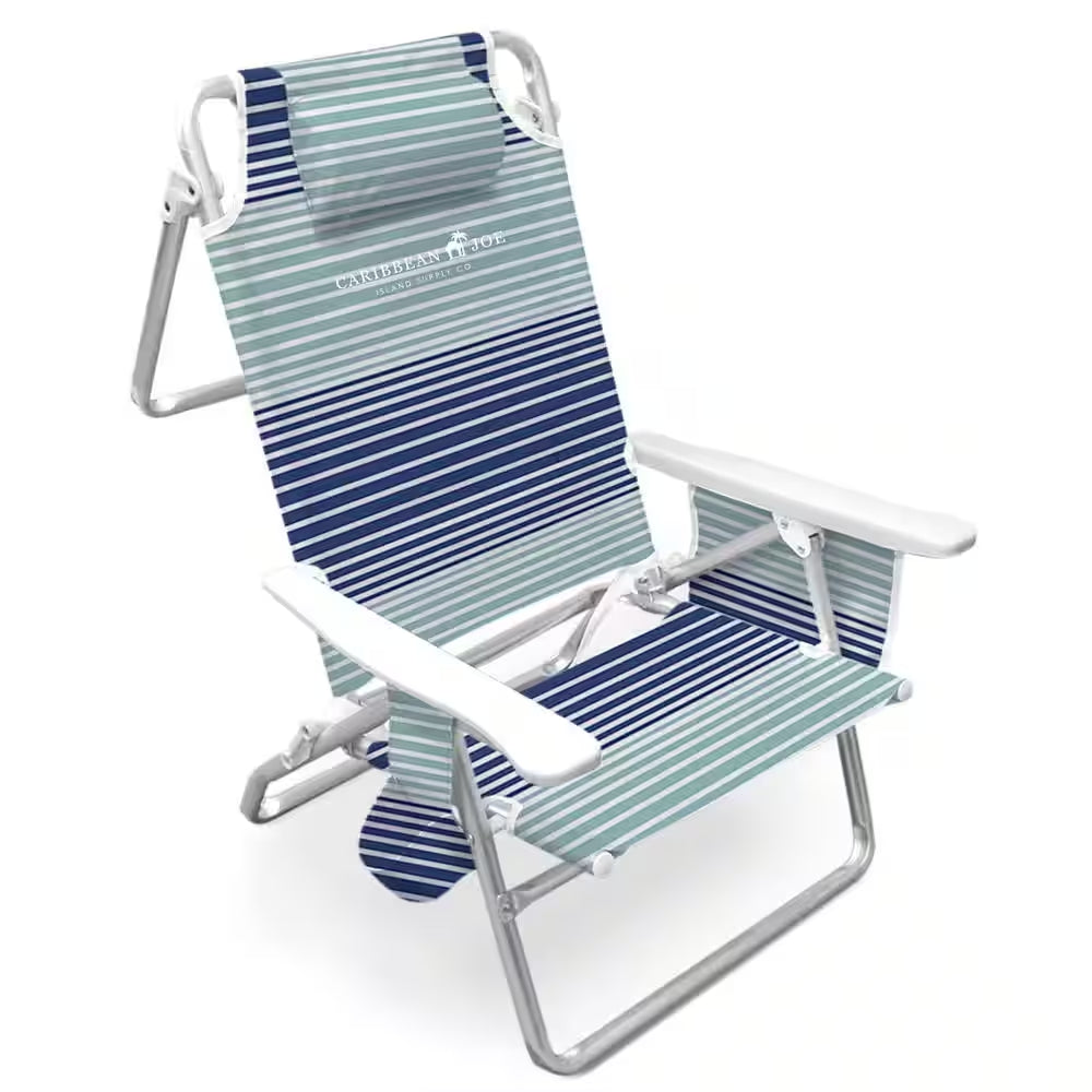 Horizon Stripe, 5 Position W/Pillow, Shoulder Strap, Cup Holder, Aluminum Frame 225 Lbs. Capacity Reclining Beach Chair