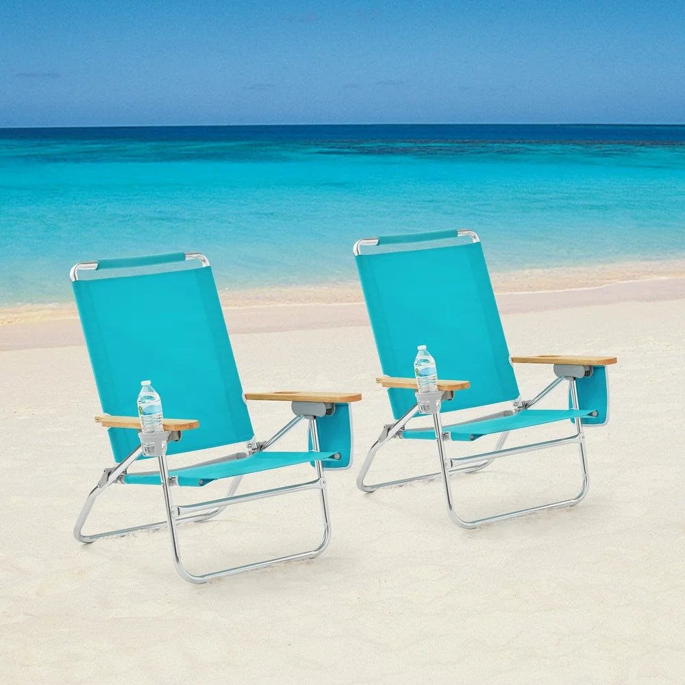 2-Pack  Wood Arm Reclining Comfort Height Beach Chair, Teal